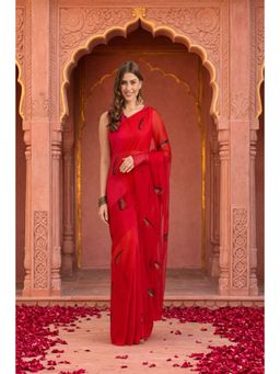 Geroo Jaipur - Red Hand Painted Chiffon Saree