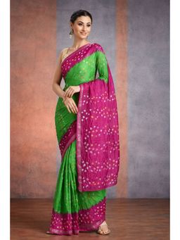 Geroo Jaipur - Hand Dyed Pink & Green Bandhani Silk Saree