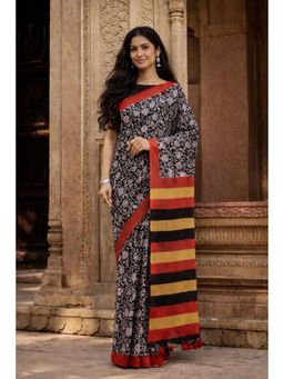 Geroo Jaipur - Black & Red Bagru Hand Block Printed Pure Cotton Saree