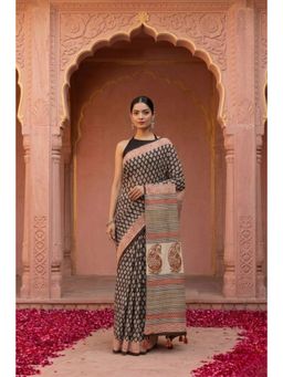 Geroo Jaipur - Black & Maroon Bagru Hand Block Printed Pure Cotton Saree