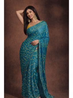 Geroo Jaipur - Turquoise Blue Hand Dyed bandhani Silk Saree