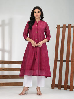 CHARUKRITI - Magenta Cotton Texture Handloom A-Line Kurta with Pant (Set of 2)