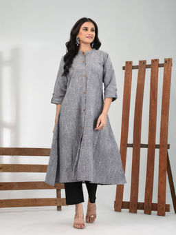CHARUKRITI - Grey Cotton Texture Handloom A-Line Kurta with Pant (Set of 2)