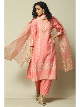 Rangriti - Women Pink Liva Straight Printed Kurta with Palazzo & Dupatta (Set of 3)