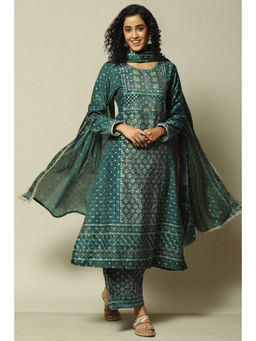 Rangriti - Women Green Polyester Straight Printed Kurta with Palazzo & Dupatta (Set of 3)