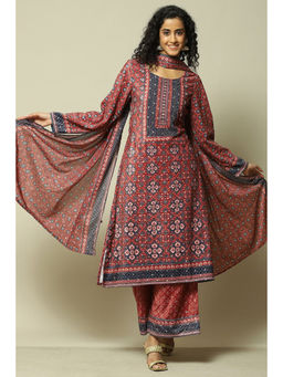 Rangriti - Women Maroon Polyester Straight Printed Kurta with Palazzo & Dupatta (Set of 3)