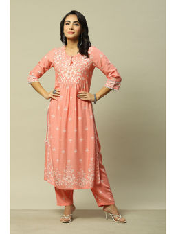 Rangriti - Women Coral Liva Straight Printed Kurta with Palazzo (Set of 2)