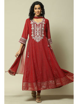 Rangriti - Women Wine Polyester Kalidar Printed Kurta with Churidar & Dupatta (Set of 3)