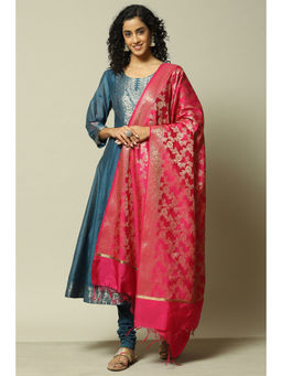 Rangriti - Women Blue Polyester Kalidar Yarn Dyed Kurta with Churidar & Dupatta (Set of 3)