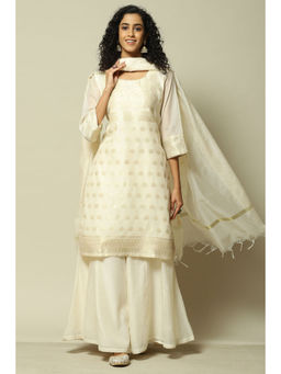 Rangriti - Women Off White Polyester Straight Yarn Dyed Kurta with Palazzo & Dupatta (Set of 3)