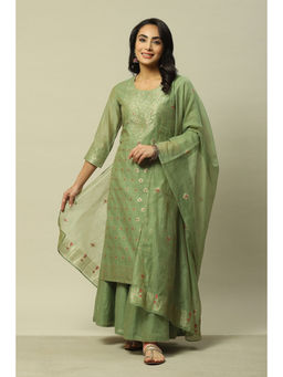 Rangriti - Women Green Polyester Straight Yarn Dyed Kurta with Palazzo & Dupatta (Set of 3)
