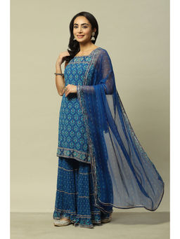 Rangriti - Women Blue Polyester Straight Printed Kurta with Sharara & Dupatta (Set of 3)