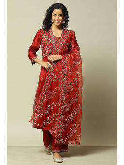 Rangriti - Women Rust Viscose Gathered Embroidered Kurta with Palazzo & Dupatta (Set of 3)
