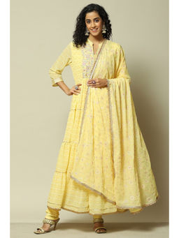 Rangriti - Women Yellow Polyester Gathered Printed Kurta with Churidar & Dupatta (Set of 3)
