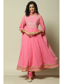 Rangriti - Women Pink Polyester Kalidar Printed Kurta with Churidar & Dupatta (Set of 3)