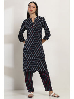 Rangriti - Women Navy Blue Cotton Blend Straight Kurta with Palazzo (Set of 2)