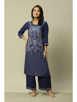 Rangriti - Women Blue Liva Straight Printed Kurta with Palazzo (Set of 2)