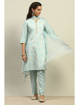 Rangriti - Women Blue Viscose Muslin Straight Printed Kurta with Palazzo & Dupatta (Set of 3)