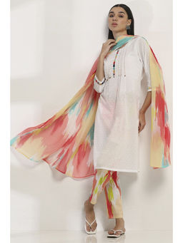 Rangriti - Women White Cotton Straight Kurta with Pant & Dupatta (Set of 3)