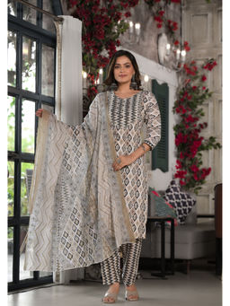 Juniper - Black Ikat Printed Cotton Mirror and Thread Work Kurta with Pant & Dupatta (Set of 3)