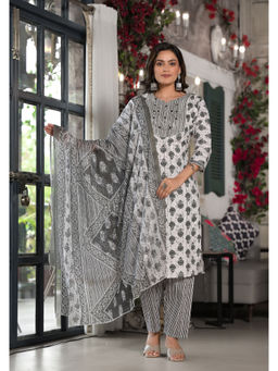 Juniper - Black Ethnic Cotton Mirror and Thread Work Kurta with Pant & Dupatta (Set of 3)