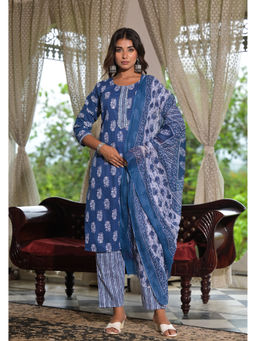 Juniper - Navy Ethnic Motif Printed Cotton Lace Kurta with Pant & Dupatta (Set of 3)