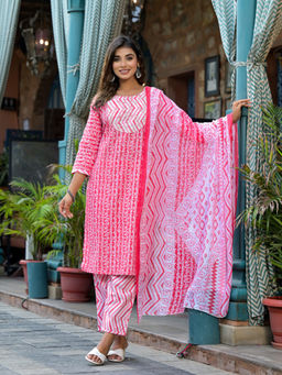 Juniper - Pink Ethnic Motif Printed Mirror and Thread Work Kurta with Pant & Dupatta (Set of 3)