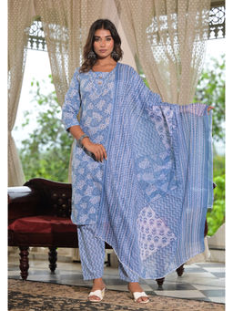 Juniper - Sky Blue Ethnic Motif Printed Buttons and Lace Kurta with Pant & Dupatta (Set of 3)