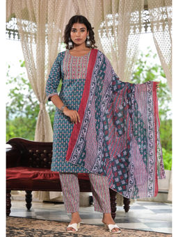 Juniper - Teal Blue Ethnic Cotton Zari Thread Work Kurta with Pant & Dupatta (Set of 3)