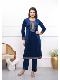 Juniper - Velvet Blue Thread Work and Sequins Kurta with Pant (Set of 2)