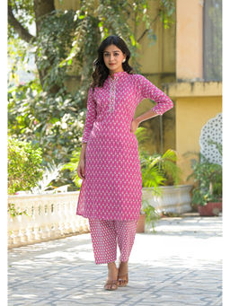 Juniper - Wine Floral Printed Cotton Kurta with Pant (Set of 2)