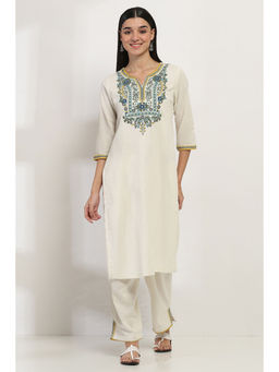 Rangriti - Women Off White Cotton Blend Straight Kurta with Palazzo (Set of 2)