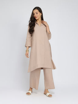 Pink Fort - Beige Cotton Solid Asymmetric Kurta with Pant (Set of 2)