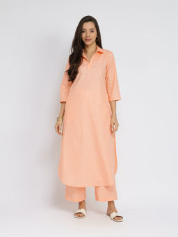 Pink Fort - Orange Cotton Solid Shirt Collar Kurta with Palazzo (Set of 2)