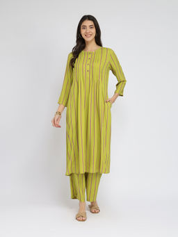Pink Fort - Green Rayon Striped Pintuck Detail Kurta with Palazzo (Set of 2)