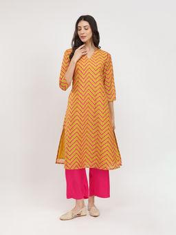 Pink Fort - Yellow and Fuchsia Chevron Print Kurta with Palazzo (Set of 2)
