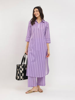 Pink Fort - Purple Cotton Striped Shirt Collar Kurta with Palazzo (Set of 2)