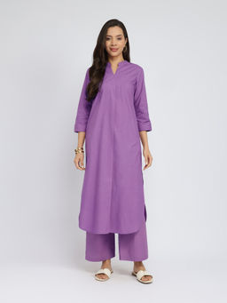 Pink Fort - Purple Cotton Solid Band Collar Kurta with Palazzo (Set of 2)
