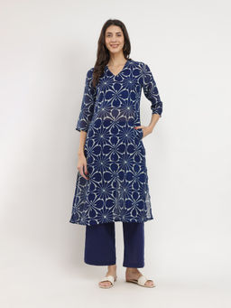 Pink Fort - Indigo Chanderi Dabu Abstract Floral Kurta with Palazzo (Set of 2)