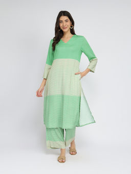 Pink Fort - Green Rayon Striped A Line Kurta with Palazzo (Set of 2)