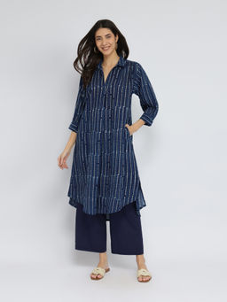 Pink Fort - Indigo Cotton Dabu Polka Play Kurta with Palazzo (Set of 2)