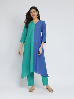 Pink Fort - Cotton Colourblock Handwoven Kurta Set - Green & Blue