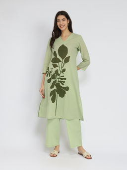 Pink Fort - Green Cotton Floral Placement Print Kurta with Pant (Set of 2)