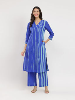 Pink Fort - Blue Cotton Stripe V Neck Kurta with Palazzo (Set of 2)