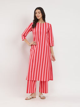 Pink Fort - Red and Pink Cotton Striped Kurta with Palazzo (Set of 2)