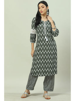 Rangriti - Women Olive Green Liva Woven Straight Kurta with Palazzo (Set of 2)