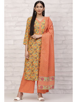 Rangriti - Women Mustard Straight Printed Kurta with Palazzo & Dupatta (Set of 3)