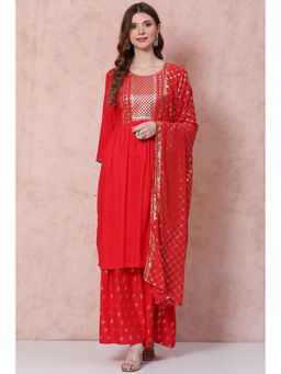 Rangriti - Women Red Flared Printed Kurta with Sharara & Dupatta (Set of 3)