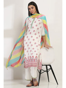 Rangriti - Women White Viscose Rayon Straight Kurta with Palazzo & Dupatta (Set of 3)