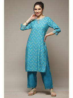 Rangriti - Women Blue Art Silk Straight Kurta with Palazzo (Set of 2)